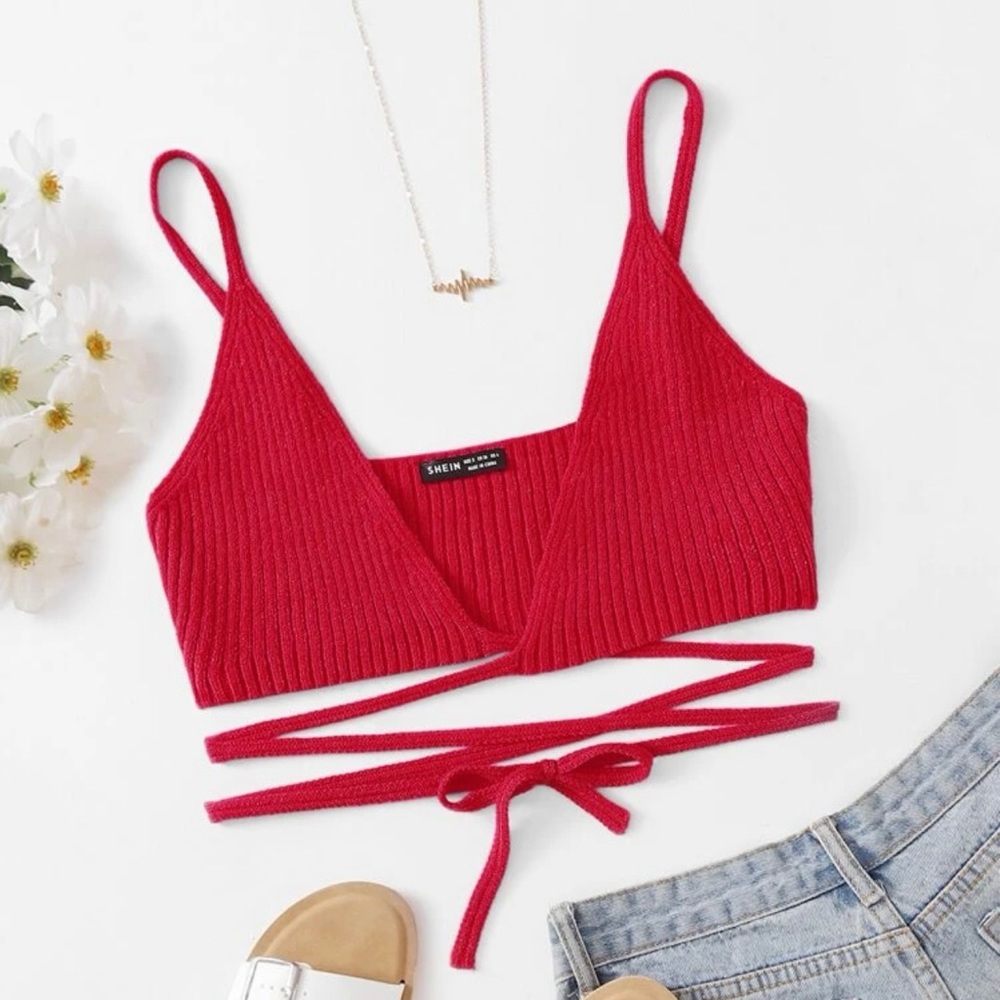 Red Lace Up Waist Rib Knot Top
